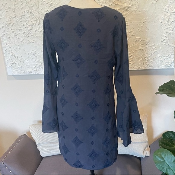 WAYF Revolve Bell Sleeved Embroidered V-neck Dress Blue Sz S Boho - Picture 5 of 8